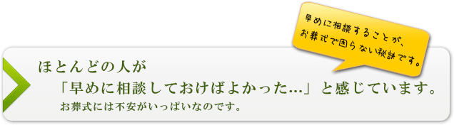 ほとんどの人が「早めに相談しておけばよかった...」と感じています。早めに相談することが、お葬式で困らない秘訣です。